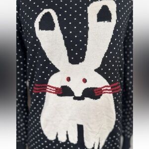Bunny Rabbit Polka Dot Black Sweater Cashmere Wool Blend *Small Fleece Lined